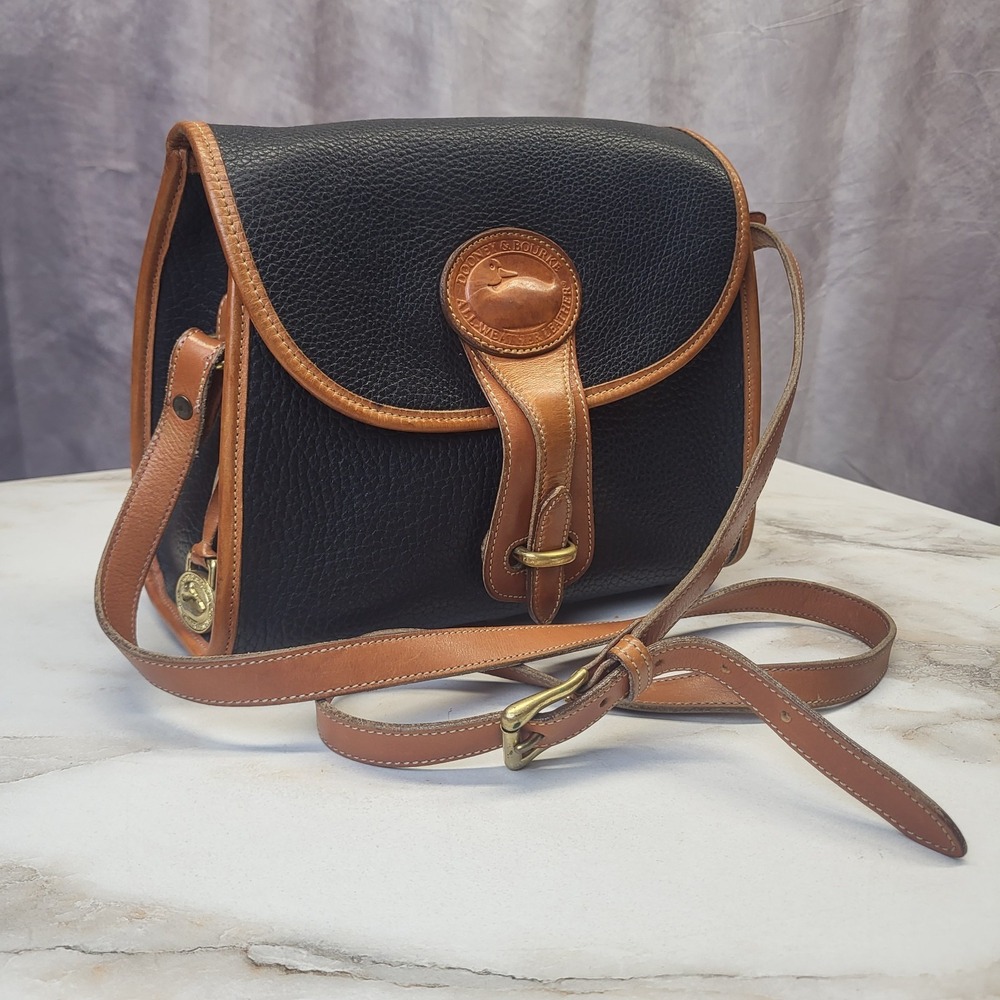 Vintage Dooney & Bourke Essex Shoulder Bag  Black Pebbled With Tan Trim Medium